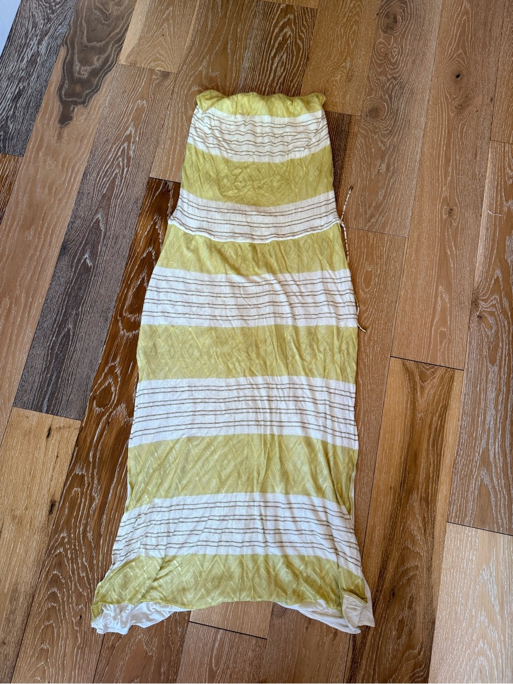 Vitamin A strapless cover up maxi dress yellow & white stripe subtle metallic